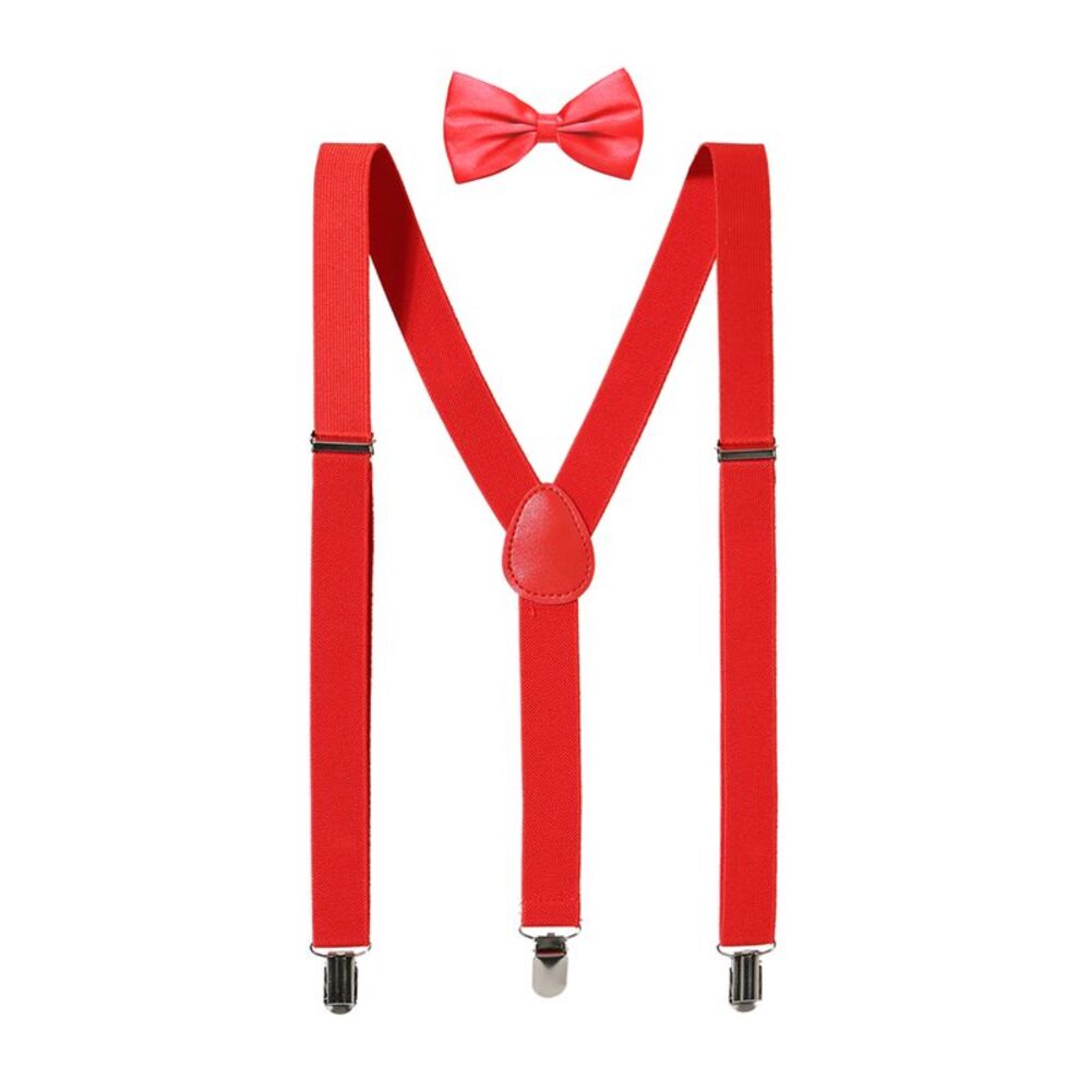 Elastic Adjustable Shoulder Strap Y Shaped Bow Tie and Suspenders Set Red